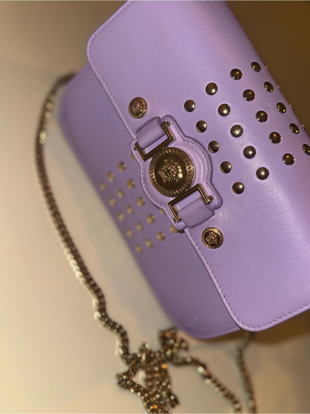 Versace Lavender Leather Crossbody with Gold Medallion & Studs